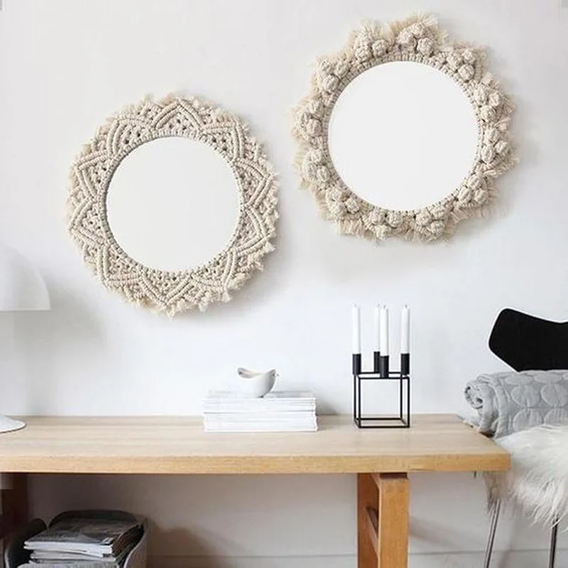 

Hot Selling Hanging Wall Mirror with Macrame Fringe Round Boho Mirror Art Decor for Apartment Living Room Baby Bedroom, Ivory