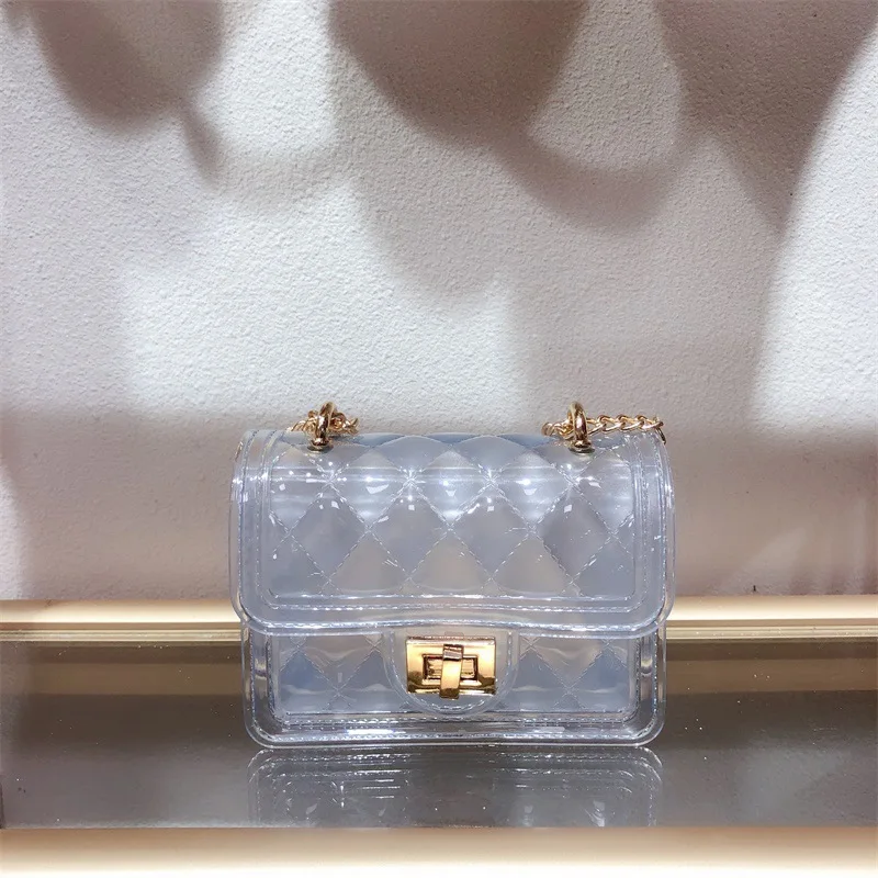 

Amazon High Quality JANHE Lady Mini Cute Square Begs Clear Small PVC Candy Chain Jelly Color Purse Bags For Party Girls, As pictures