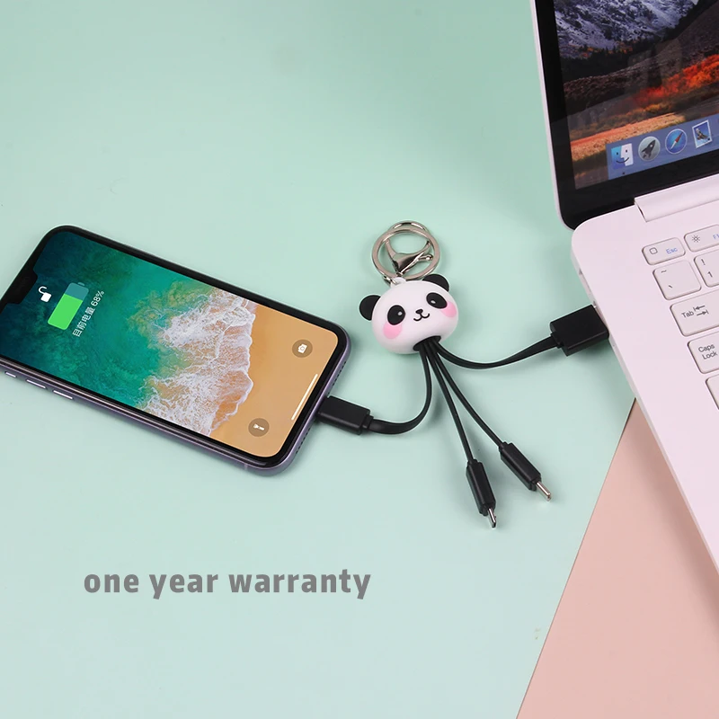 
Panda Sloth Usb 3 in 1 cable Multi Functional Charging Keyring Cable Mobile Phone Type C Fast Keychain Charger Cable 