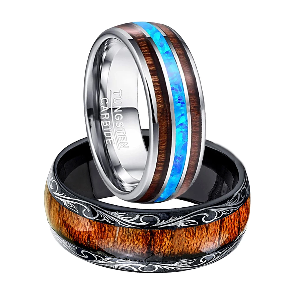 

Energinox Latest 8mm Nature Koa Wood Opal Inlay Comfort Fit Wedding Engagement Band Tungsten Carbide Ring for Men