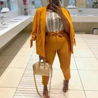 

Bright Yellow Drawstring Sleeves Two Piece Set Blazer Suits Set for Women
