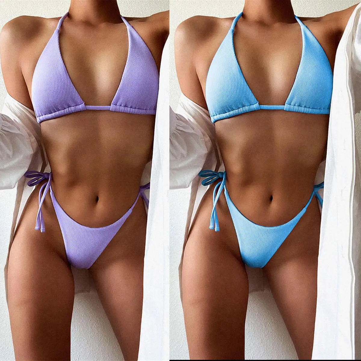 

Kg14307 Latest Design 2021 Women's Sexy Ribbed Cotton Triangle Cup Vacation Beach Solid Color Lace-up Bikini