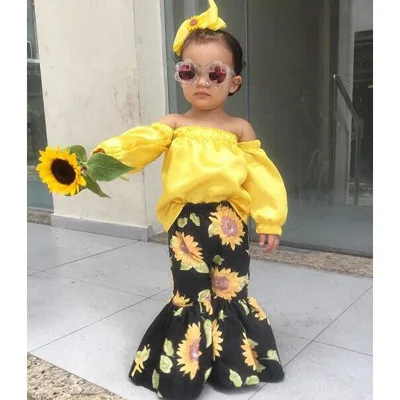 

Children Two-Piece Suit Baby Kids Girls Autumn Long Sleeve Off Shoulder Top Shirt with Flare Pants Sunflower Fashion Casual Sets