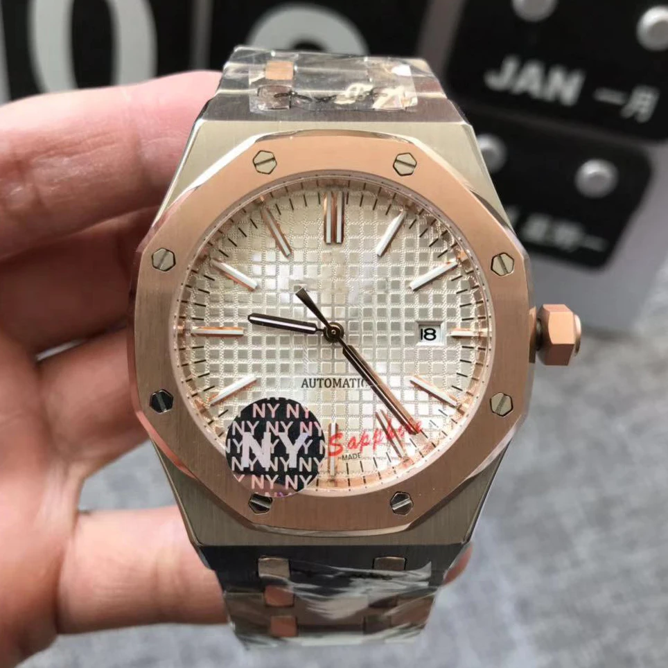 

Oak rose gold bezel silver grid dial clear fashion mechanical movement classic luxury brand watch