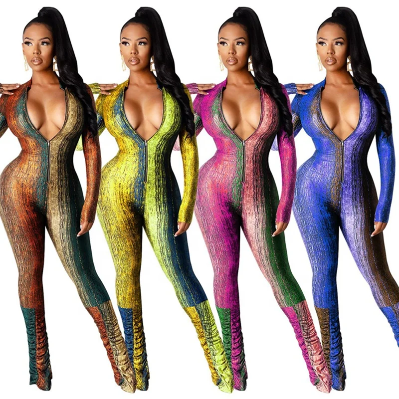 

Women Bodycon Zipper Front Long Sleeve Stacked Jumpsuit 2021