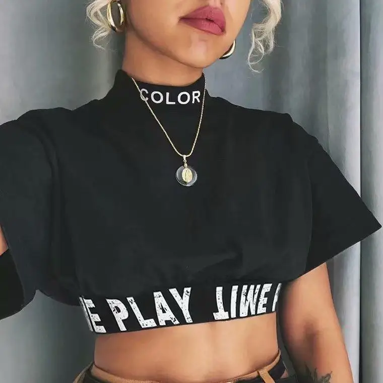 

Wholesale Women Ladies High Neck Shirts Women Casual Black Crop Tops