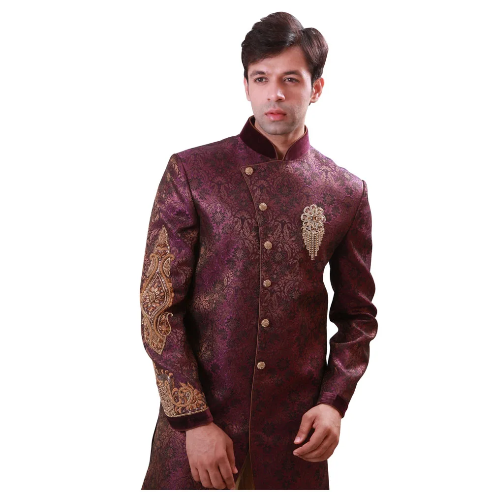 
Purple Indian Wedding Indo Western Sherwani For Men Possesses Amazing Chest Brooch And Brooch Buttons 