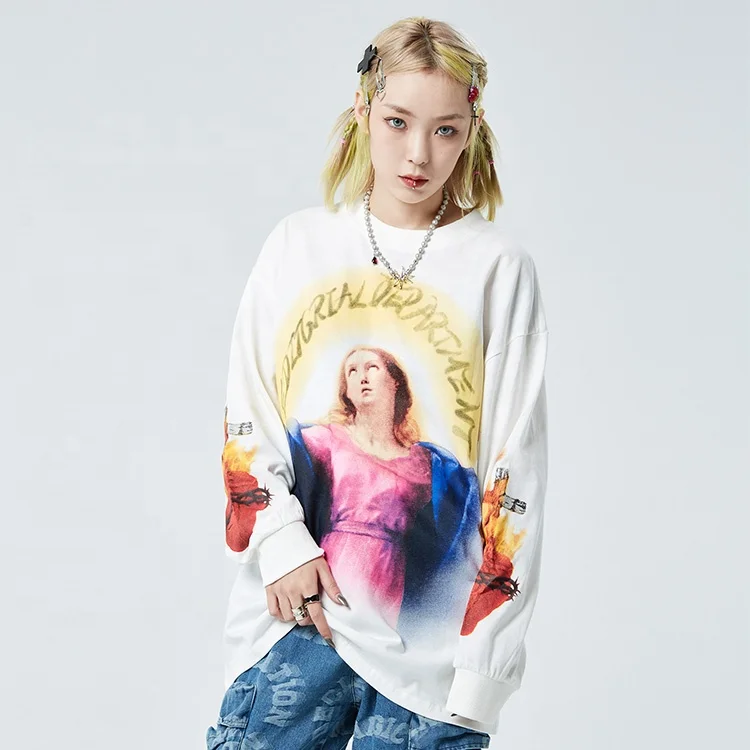 

Character Portrait Print Long Sleeve T-shirt Mens High Street Loose Crew Neck Cotton Tee Streetwear Religious T-Shirt Men