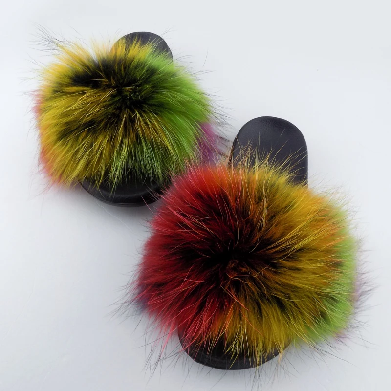 

Custom color big real fluffy fur ball pom pom fox sandals racoon mommy and kids fur flats furry toddler baby kids fur slides, Chosen colors from our stock colors