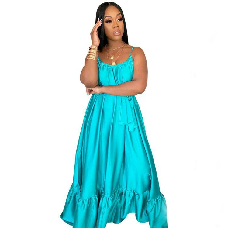

Flounced Large Hem Loose Sleeveless African Maxi Dress Casual, Yellow,orange,red,light blue