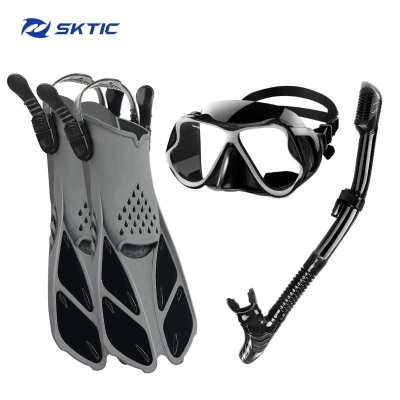 

SKTIC China Supplier Factory Direct Pice waterproof tempered lenses diving gear scuba diving set snorkel fins in black