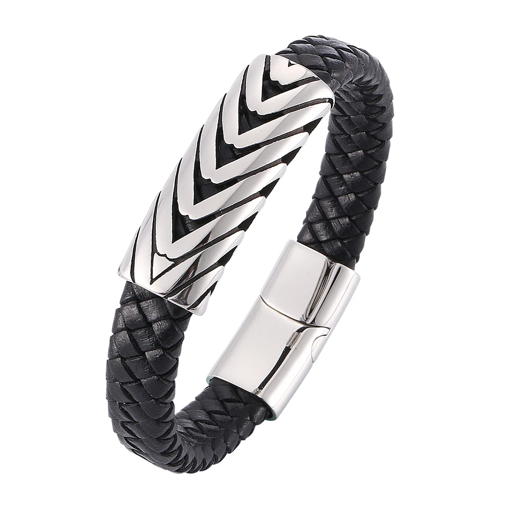 

Jewelry Black Braided Leather Bracelet Stainless Steel Magnetic Clasps Bracelets Bangles Male Wrist Band Simple PW793