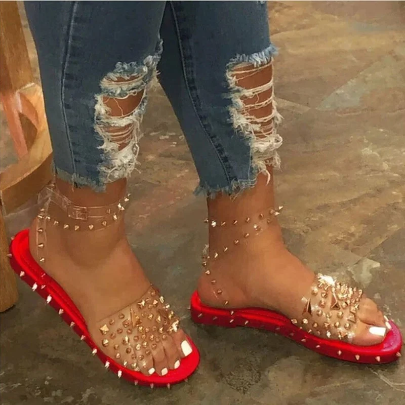 

2020 Hot Style Summer Transparent Film Flat Open Toe Rivet Buckle Strap Sandals Women's Shoes, Yellow red black customzied