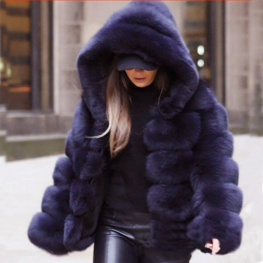 

Ladies Winter fashion long sleeve outwear leather patchwork jacket plus size XXXXL pockets women faux fur coat with hood