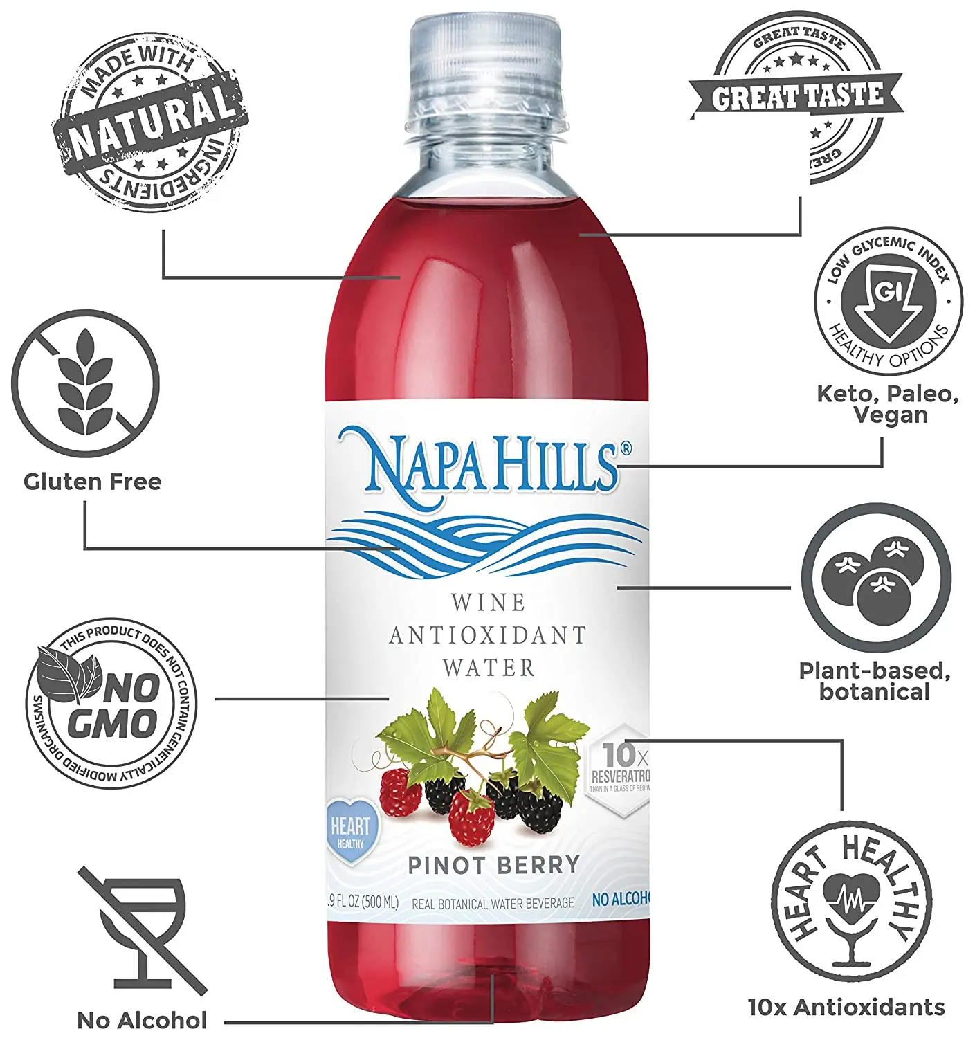 
Variety Flavored Napa Hills Wine Antioxidant Wine Non Alcoholic Resveratrenriched Drink 3 Lemon 3 Berry 3 Peach 3 Cherry 12 Pack 