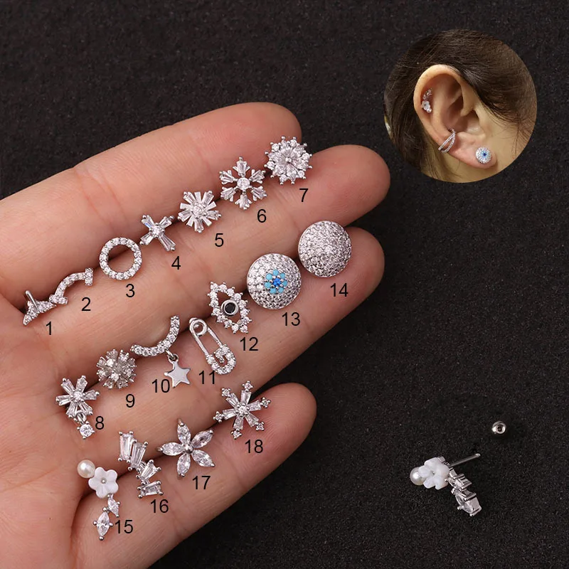 

2021 Stainless Steel CZ flower eye cross Labret Studs Earrings Barbell Lip Nose Body Piercing Jewelry