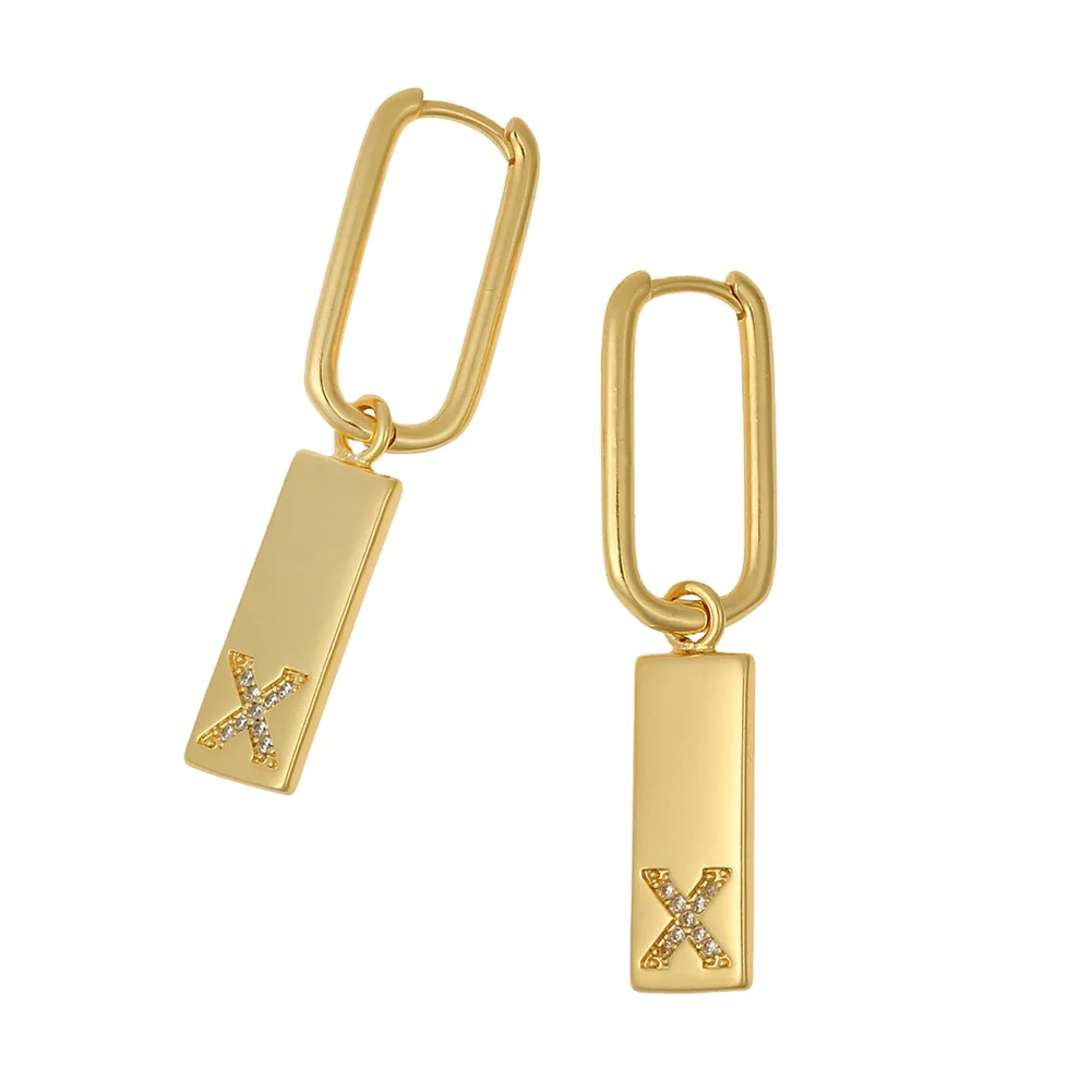 

New style fashion copper micro-set zircon long earrings 26 letter pendant minimalist gold plated rectangle shape studs earrings
