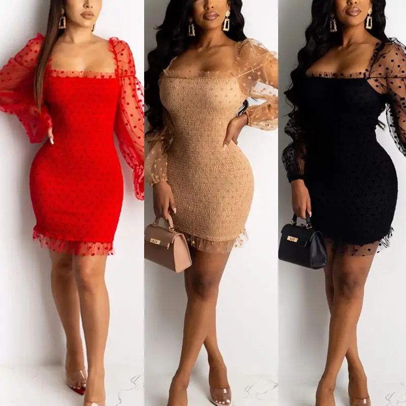 

Wholesale Ladies Short Dress Women Clothing 2021 Scoop Neck Transparent Mesh Sexy Party Wear Long Sleeve Women Bodycon Dresses