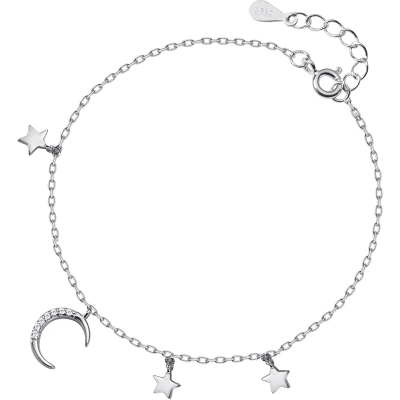 

B1130 Wholesale Sterling Silver Jewelry 925 Sterling Silver Tassel Moon Pendant Curved Star Diamond Mini Bracelet