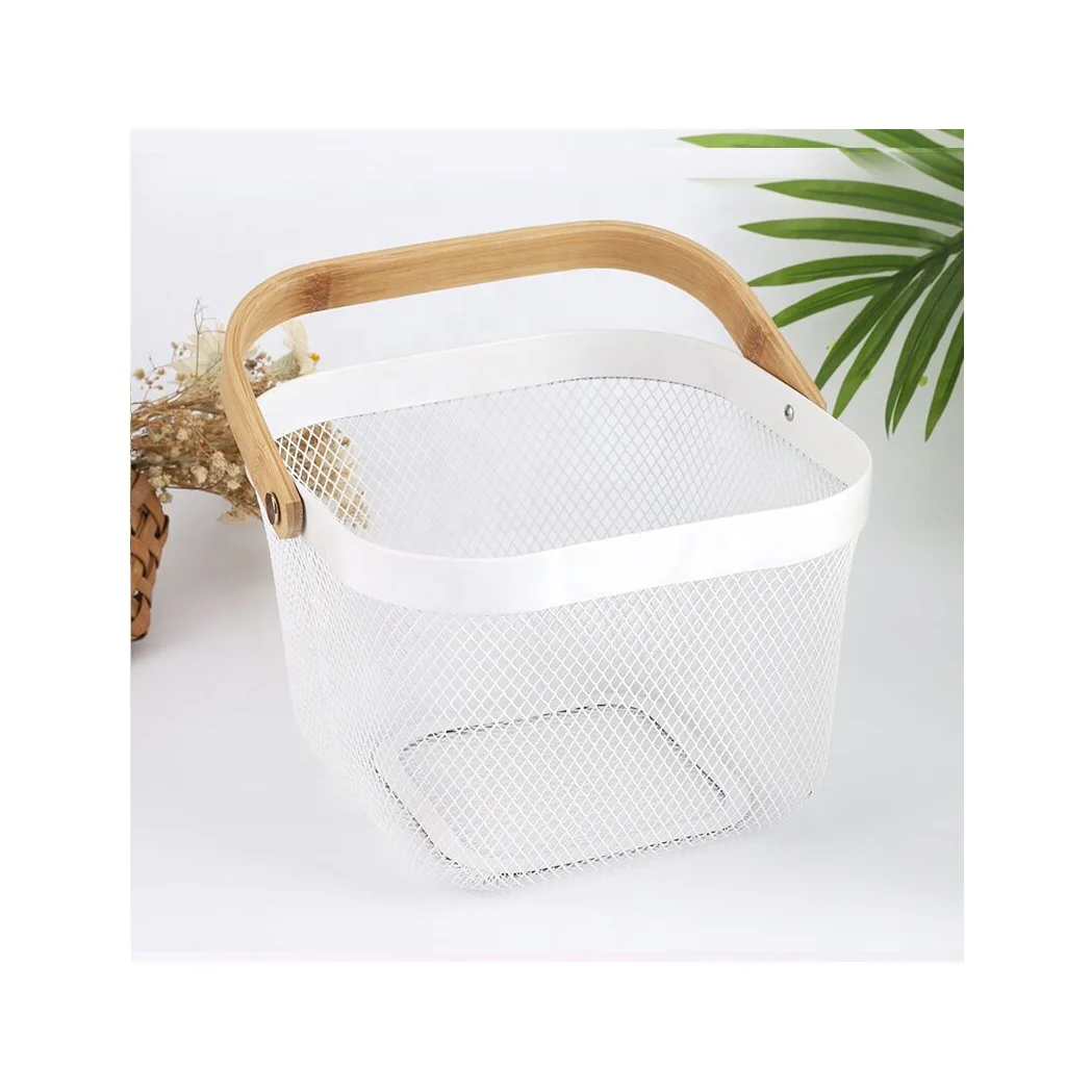 

Hot sale kitchen bath toy metal organizer wire mesh fruit storage basket with wooden handle