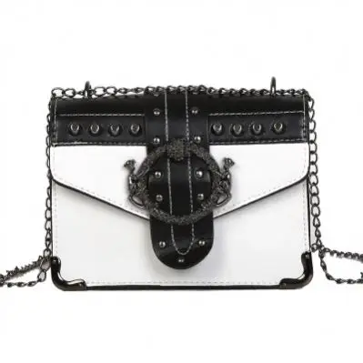 

Women Korean Punk Rivet Bag Ladies PU Crossbody Girl Fashion Shoulder Bag Small Chain Messenger Bags Square Package, As show