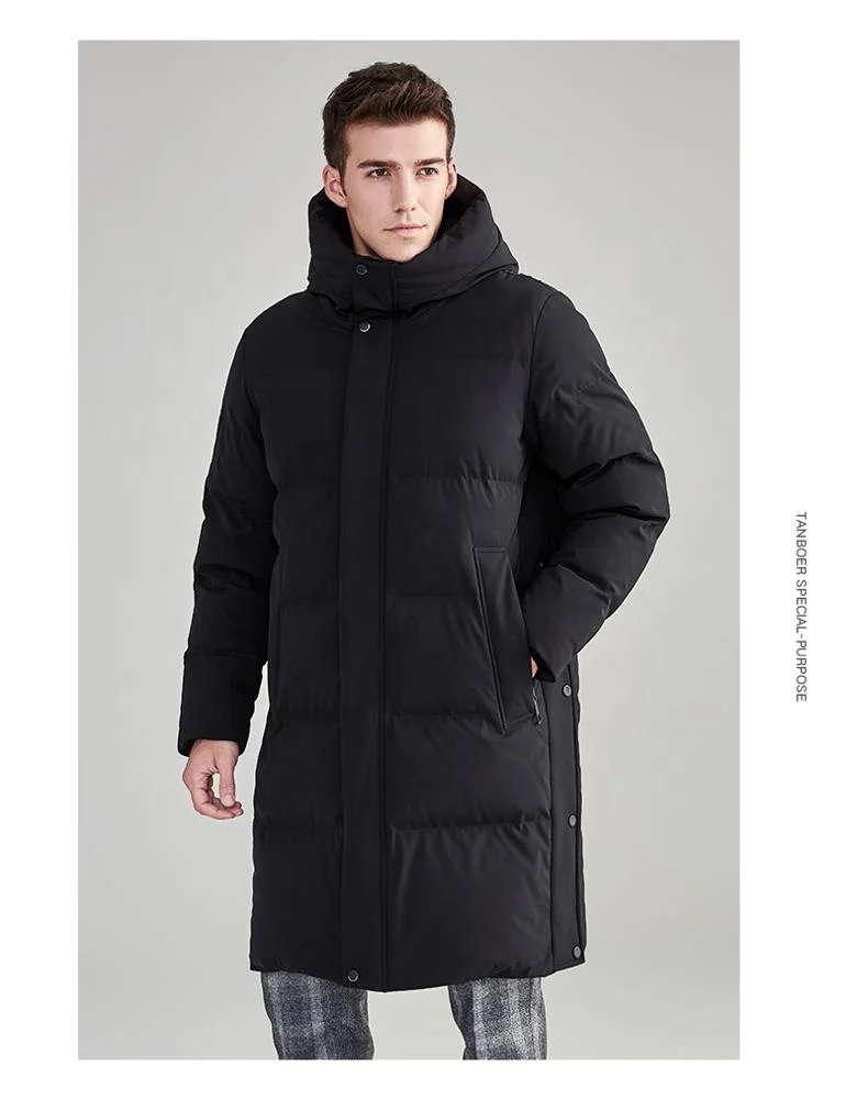 

Black wind proof breathable overcoat custom bomber popular men high quality long down jacket thin winter coat for male