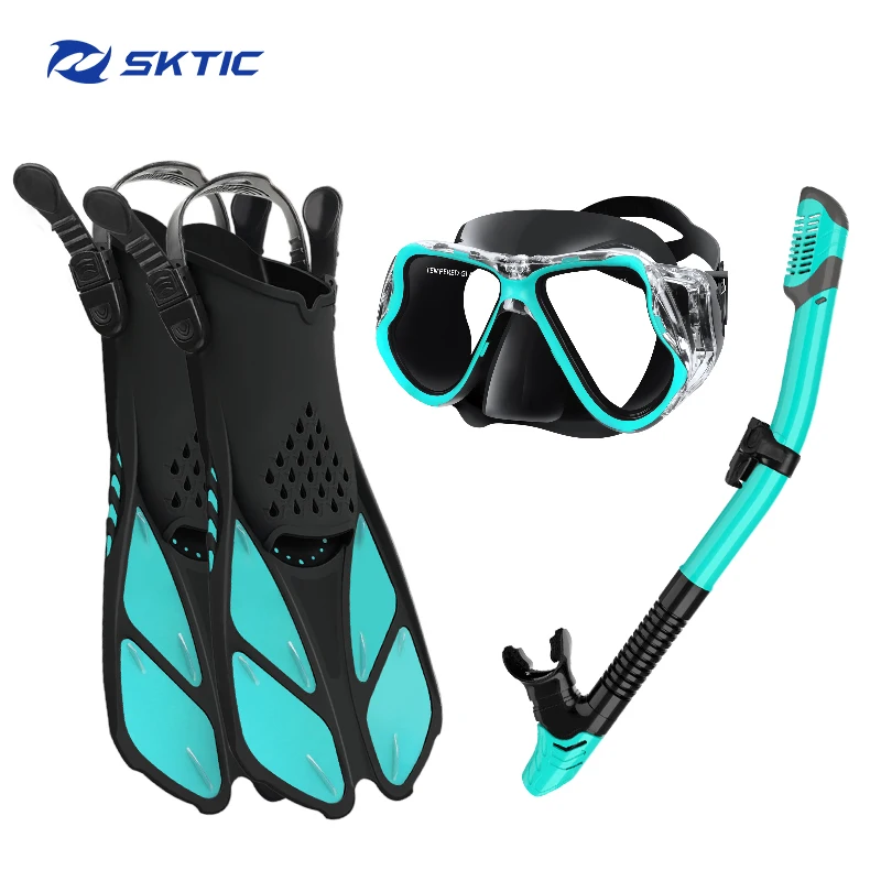 

SKTIC Adult Anti-fog diving glasses black green snorkel set top dry snorkel mask swimming goggles swimming training fins, Blackgreen