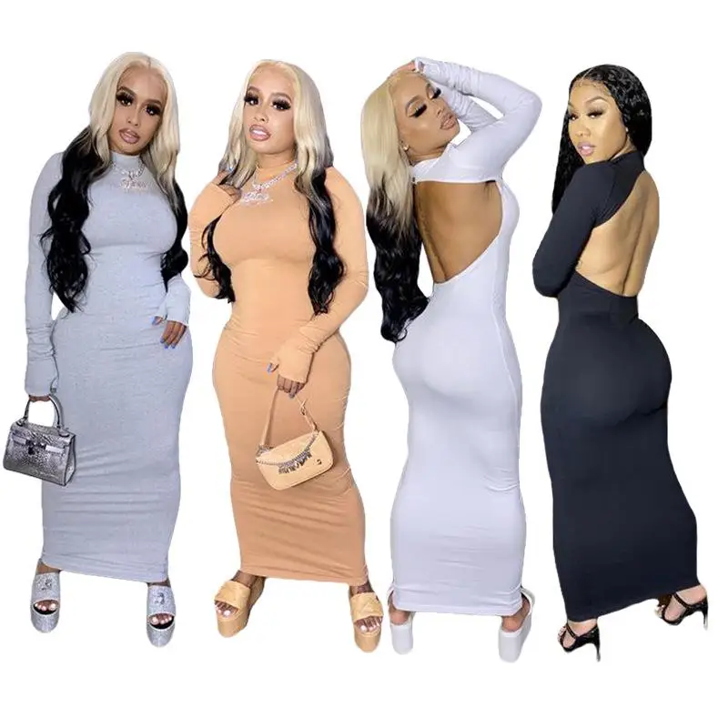 

New Arrival Autumn Long Sleeve Backless Black Casual Club Sexy Long Dress For Women