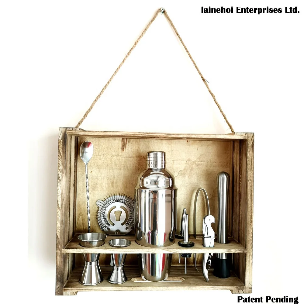 
Custom Logo Home Bar 304 SS 11-Piece Bar Tool Set with Patent Pending Rustic Wood Stand Bartender Cocktail shaker set 