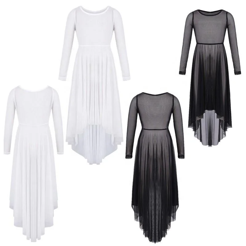 

Kids Girls Mesh Long Sleeve High-low Hem Dress Celebration Spirit Praise Lyrical Dance Stage performance Dress