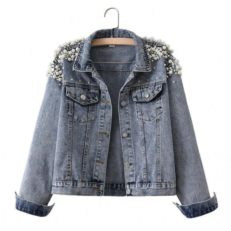 

2022 Spring Autumn Women Basic Coats Women Denim Jacket Pearls Beading Fashion Jeans Coat Loose Long Sleeve Jackets