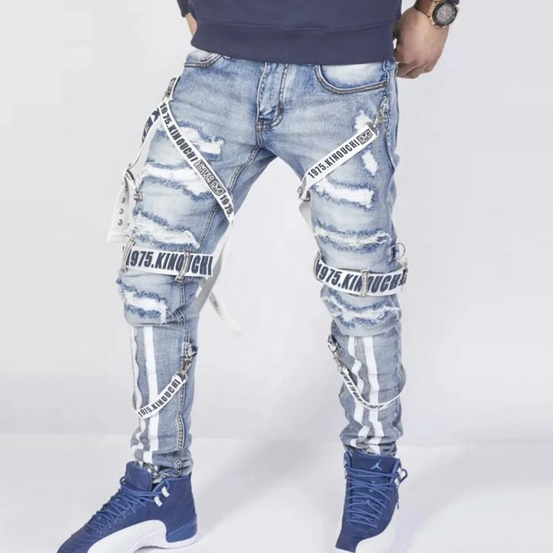 

LW-XX Mens fashion branded jeans high quality with printed straps skinny fit jeans men