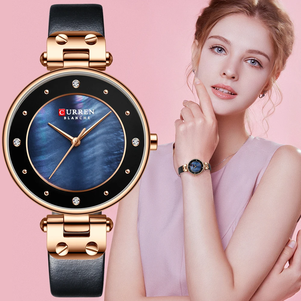 

CURREN 9056 Simple rhinestones charming watch for ladies quartz watches leather strap clock female wristwatch dress women watch