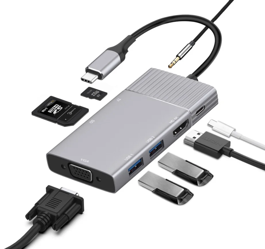 
USB C HUB 4K VGA HUB SDTF   9 Ports Type C Docking State SD TF with 3 USB HUB and PD Power H D M I connector 