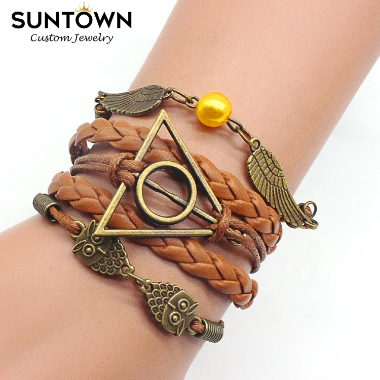 

Suntown Hot Selling Popular Movie Harry Potter Bracelet Hand-woven Deathly Hallows Triangle Owl Wing Wax Rope Bracelet