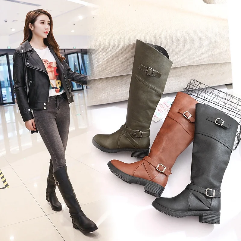 

Women Round Toe Mid Calf Boots Female Matte Leather Knight Boot Ms Buckle Square Low Heel Shoes Heeled Footwear