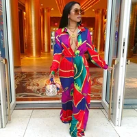 

Sexy Single-Breasted Color Block Chain Printed Wide Leg Jumpsuits