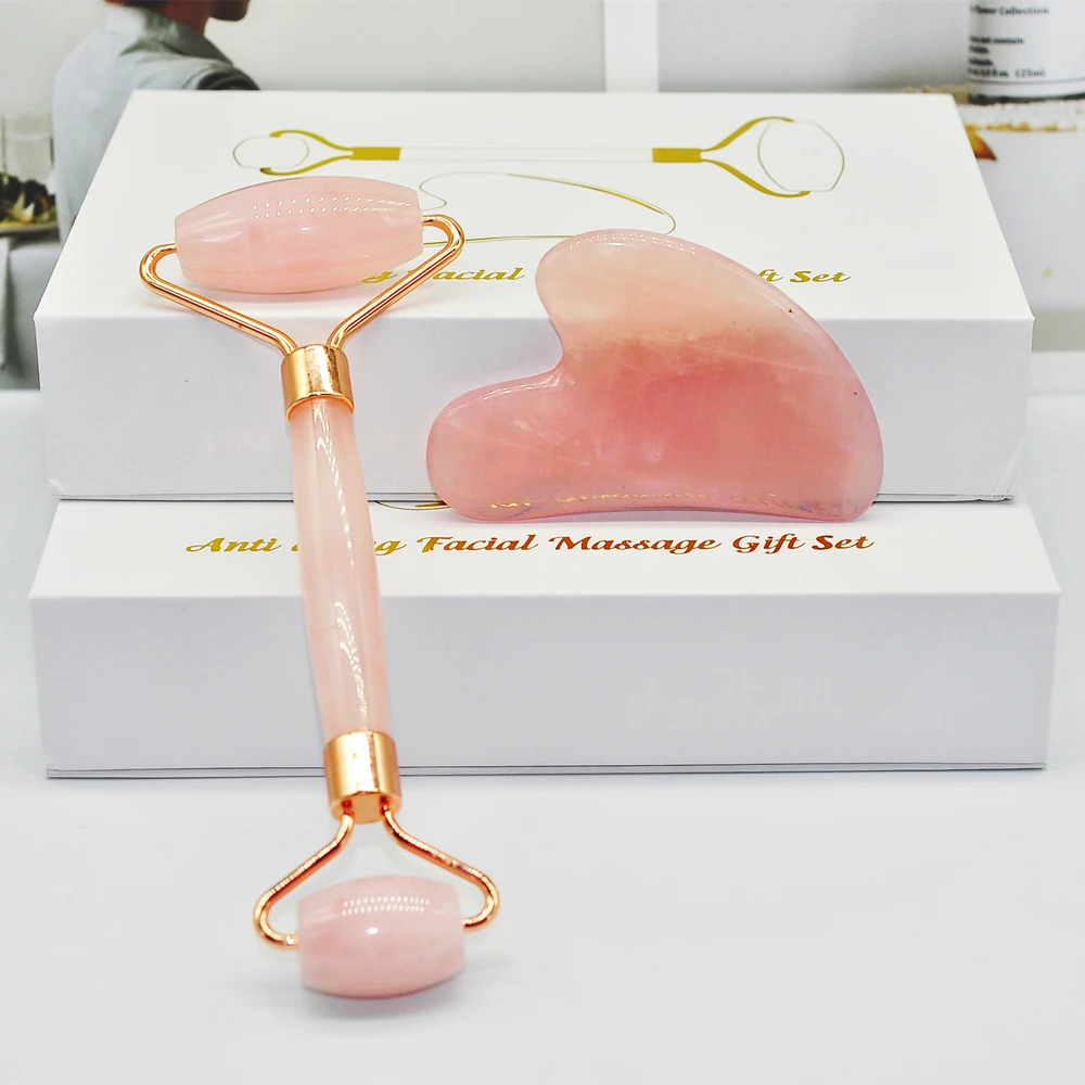 

Authentic Durable Noiseless Design Face Massager 100% Natural Rose Quartz Jade Roller Gua Sha Set, Pink