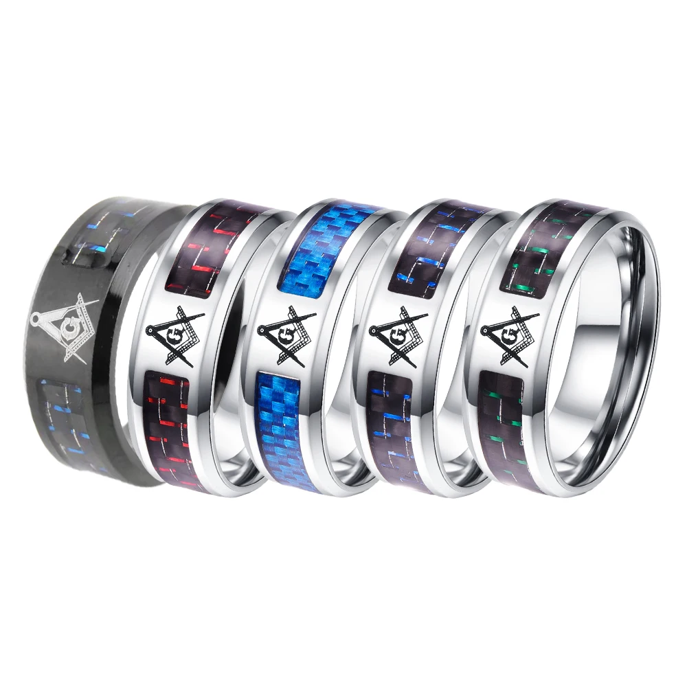 

Energinox 5 Color Carbon Fiber Inlay Stainless Steel Masonic Freemason Wedding Carbon Ring for Men