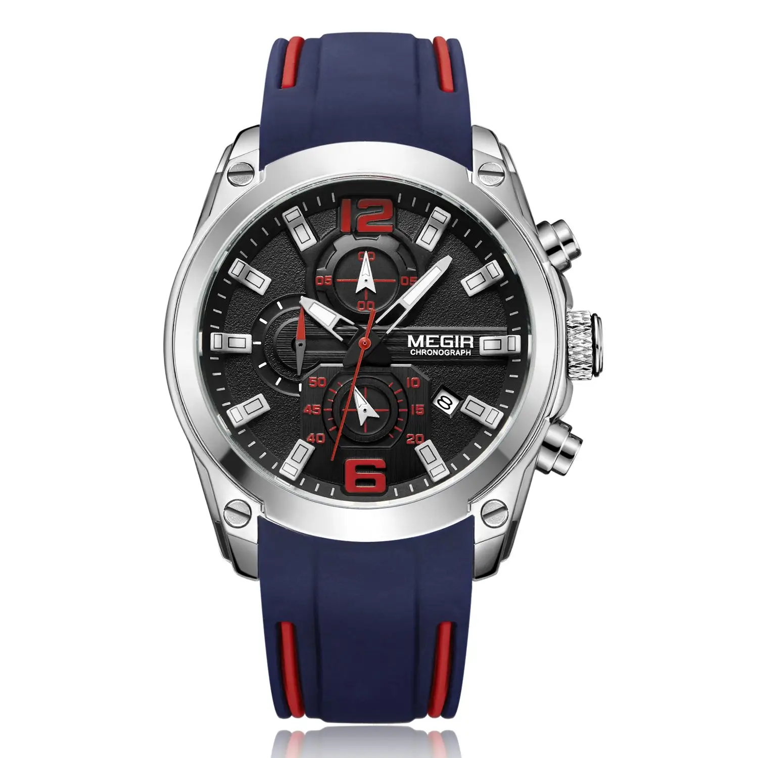 

Megir 2063 Man Chronograph Analog Quartz Watch with Date Luminous Hands Waterproof Silicone Rubber Strap Wrist Watch for Men