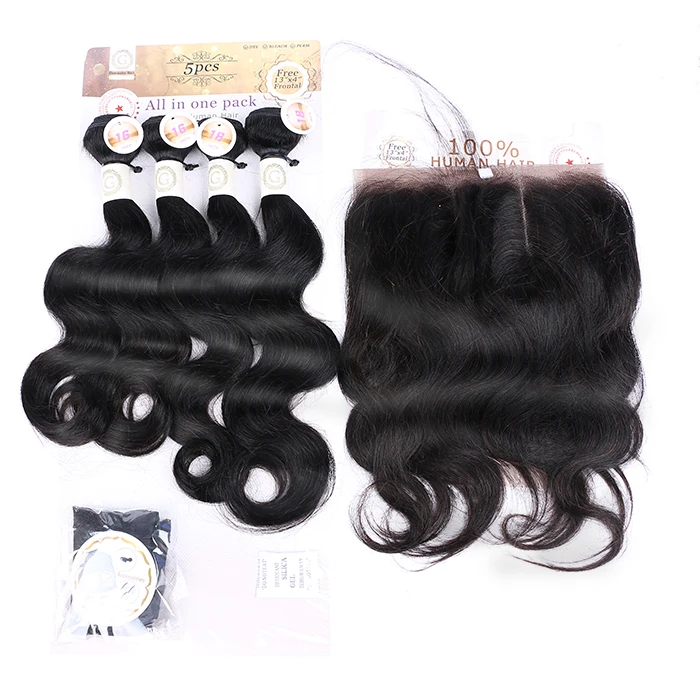 

Packet hair body wave 100 % human hair 4 bundles and one frontal one set 250gram for make one head