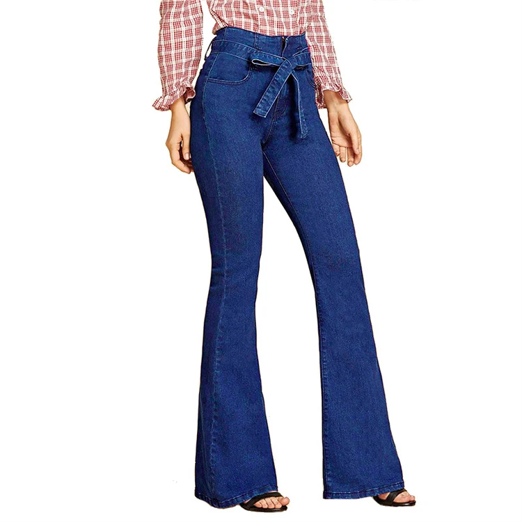 

Wholesale Dark Blue Ladies Jean Woman Wash Vintage Wide Leg Denim Jeans With Belt