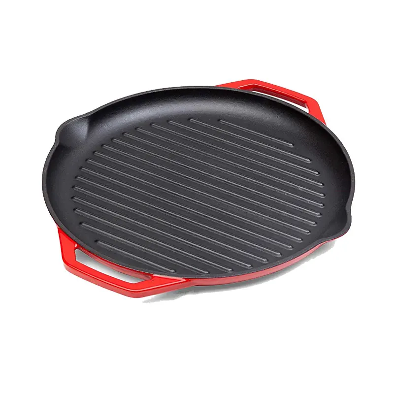 

Double handle new craft new design skillet popular European and American red outer enamel cast iron steak frying pan