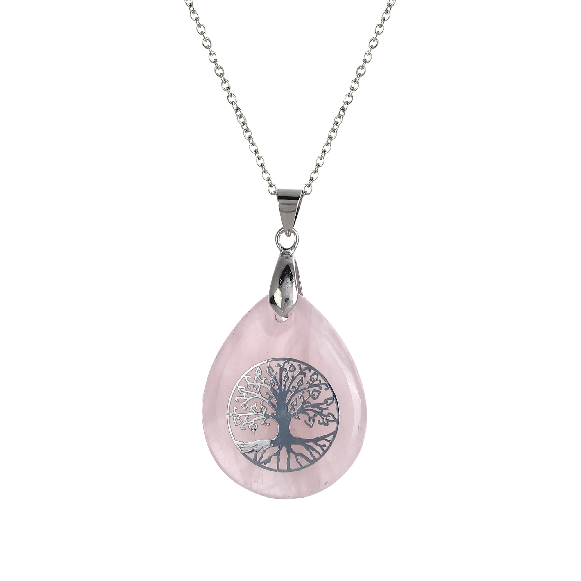 

Tree of Life Crystal Stone Necklace,Teardrop Heart Healing Stones Pendant Chakra Crystals Birthstone Jewelry