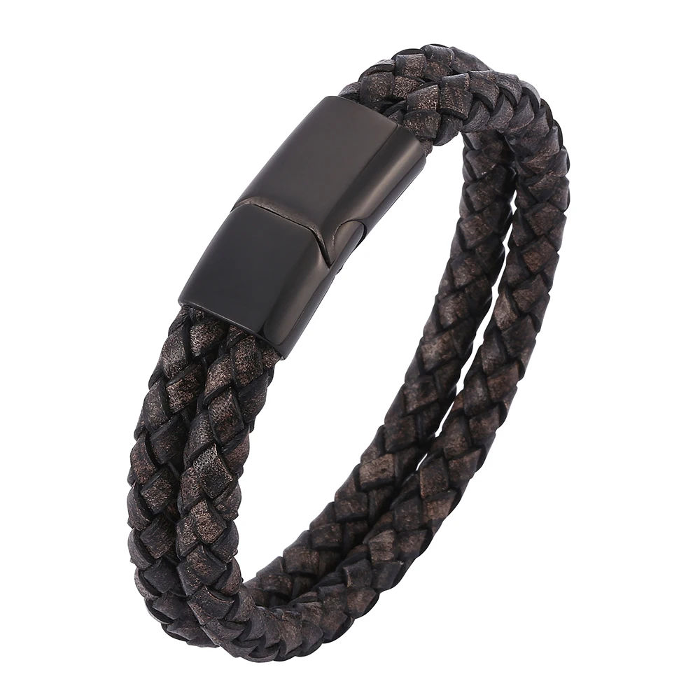 

Jewelry Punk Antique Black Double Braided Leather Bracelet Stainless Steel Magnetic Clasp Male Wristband Gifts SP0508