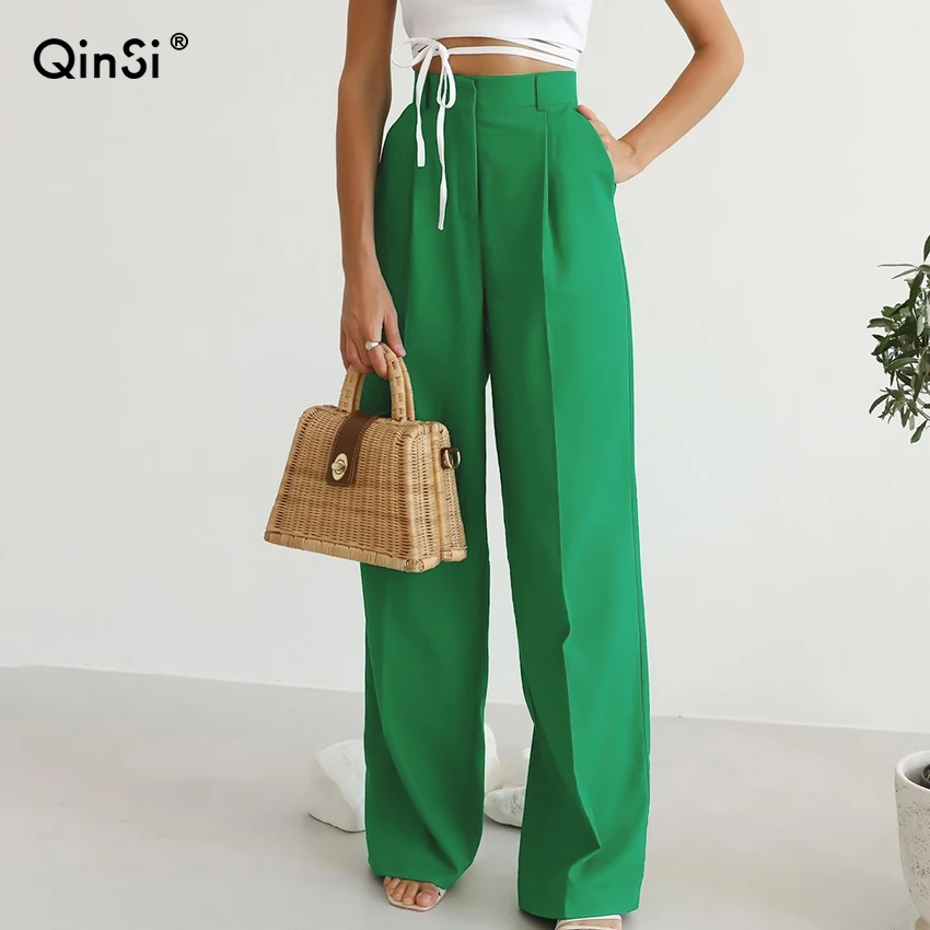 

QINSI Women Plus Length Spring Pocket Zipper Street Pants High Waist Elegant All-Match Wide Leg Pants Office lady Baggy Trouser