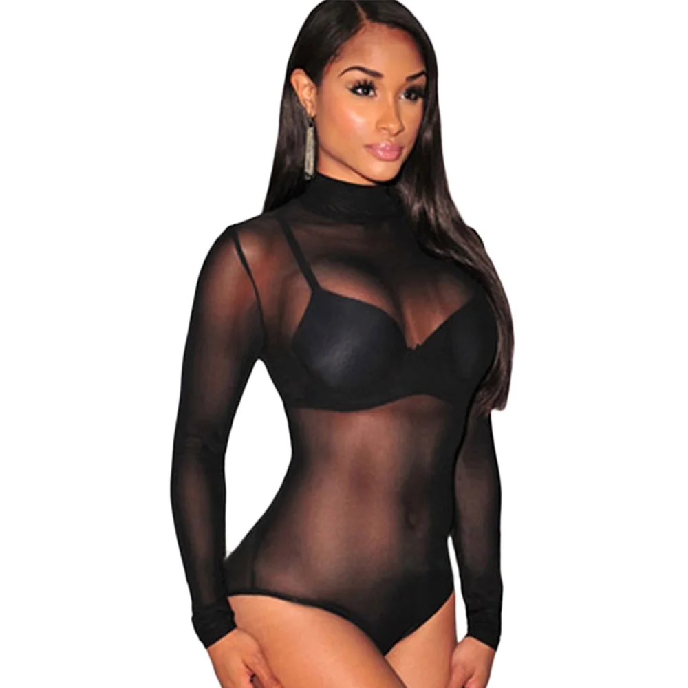 

Ladies Unlined Turtleneck Women Sexy Transparent Bodysuit, Black, nude