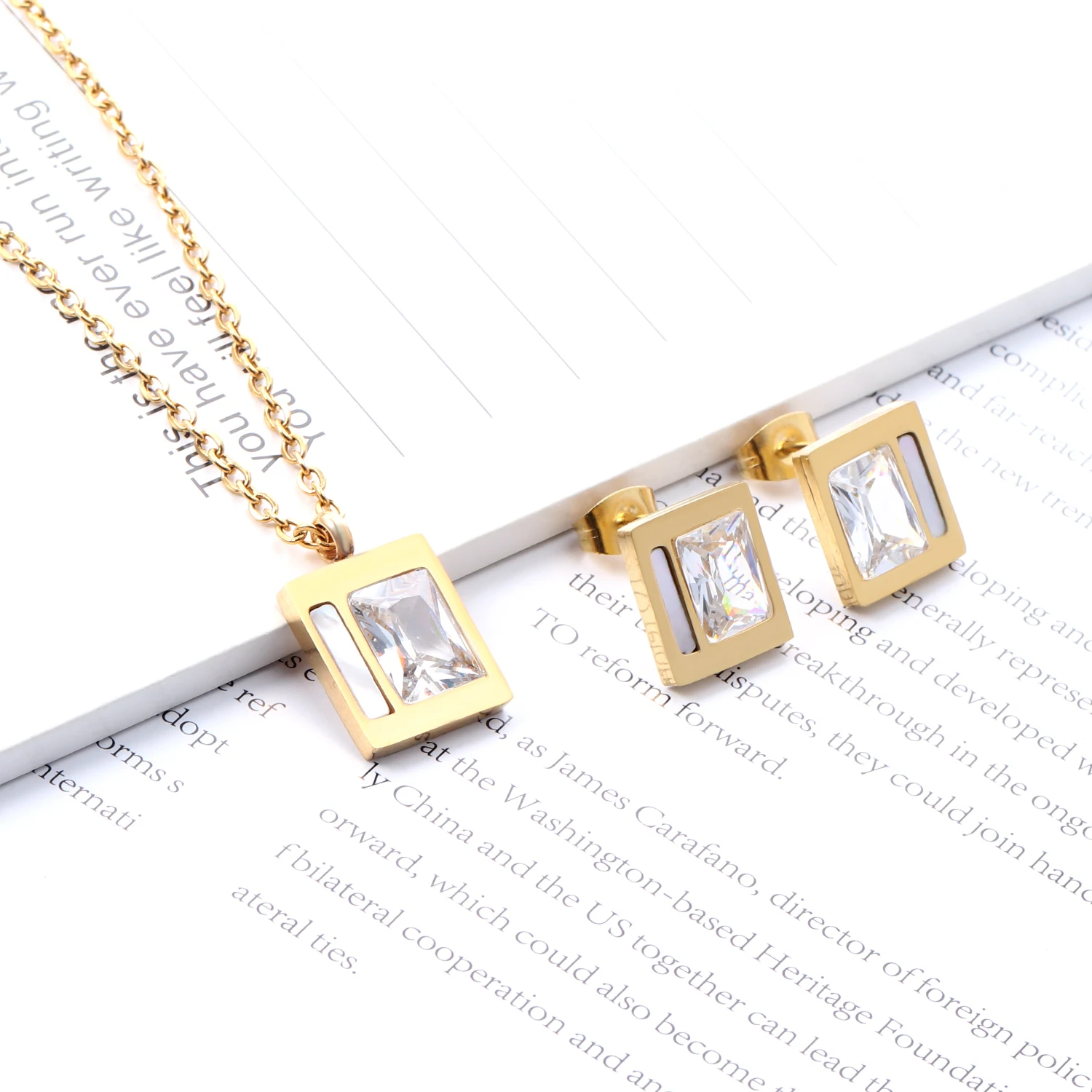 

Gemstone Zircon 18k Gold Plated Stainless Steel Necklace Earring Silver Wedding Dubai Bridal Women Jewelry Set, Picture