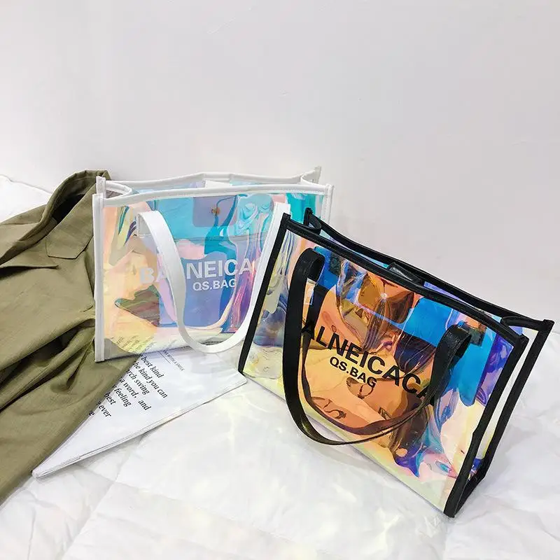 

Fashion Custom Logo Waterproof Transparent Ladies Women Lridescent Recycled Holographic Shopping Pvc Tote Bag With Handle