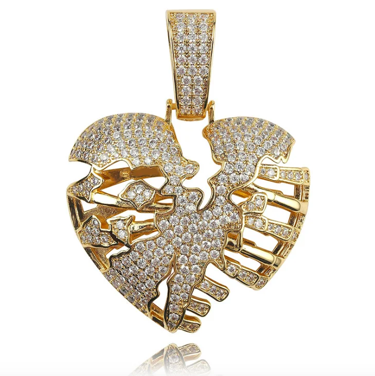 

Jialin jewelry ins hot hiphop iced out full diamond vintage punk cz bling chest broken heart charm pendant necklace